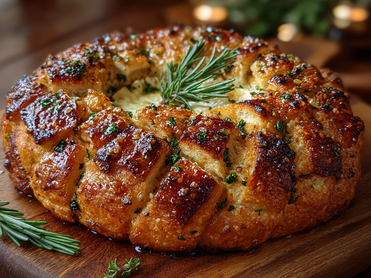 Finished Garlic Bread Wreath with Baked Brie garnished with fresh herbs and ready to serve