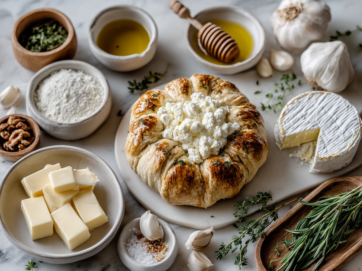 Ingredients for making a Garlic Bread Wreath with Baked Brie including brie cheese, biscuit dough, butter, garlic, parsley, Italian seasoning, salt, pepper and Parmesan cheese