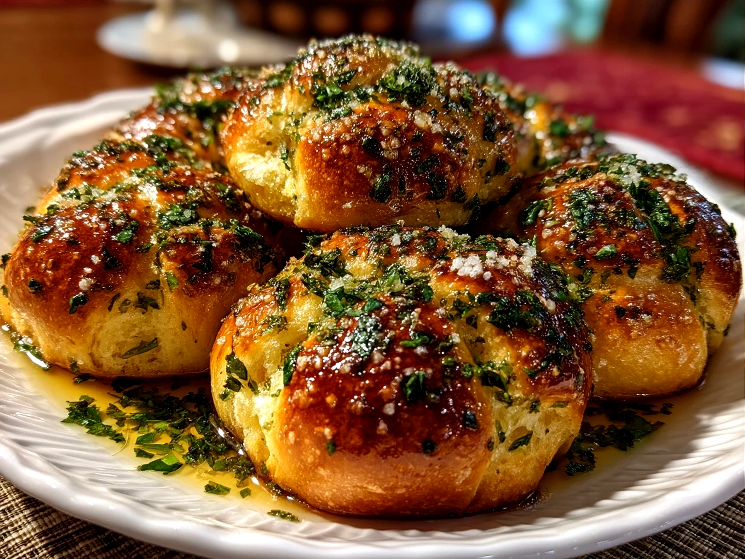 Freshly baked garlic knots served warm on a rustic wooden table, garnished with parsley and Parmesan
