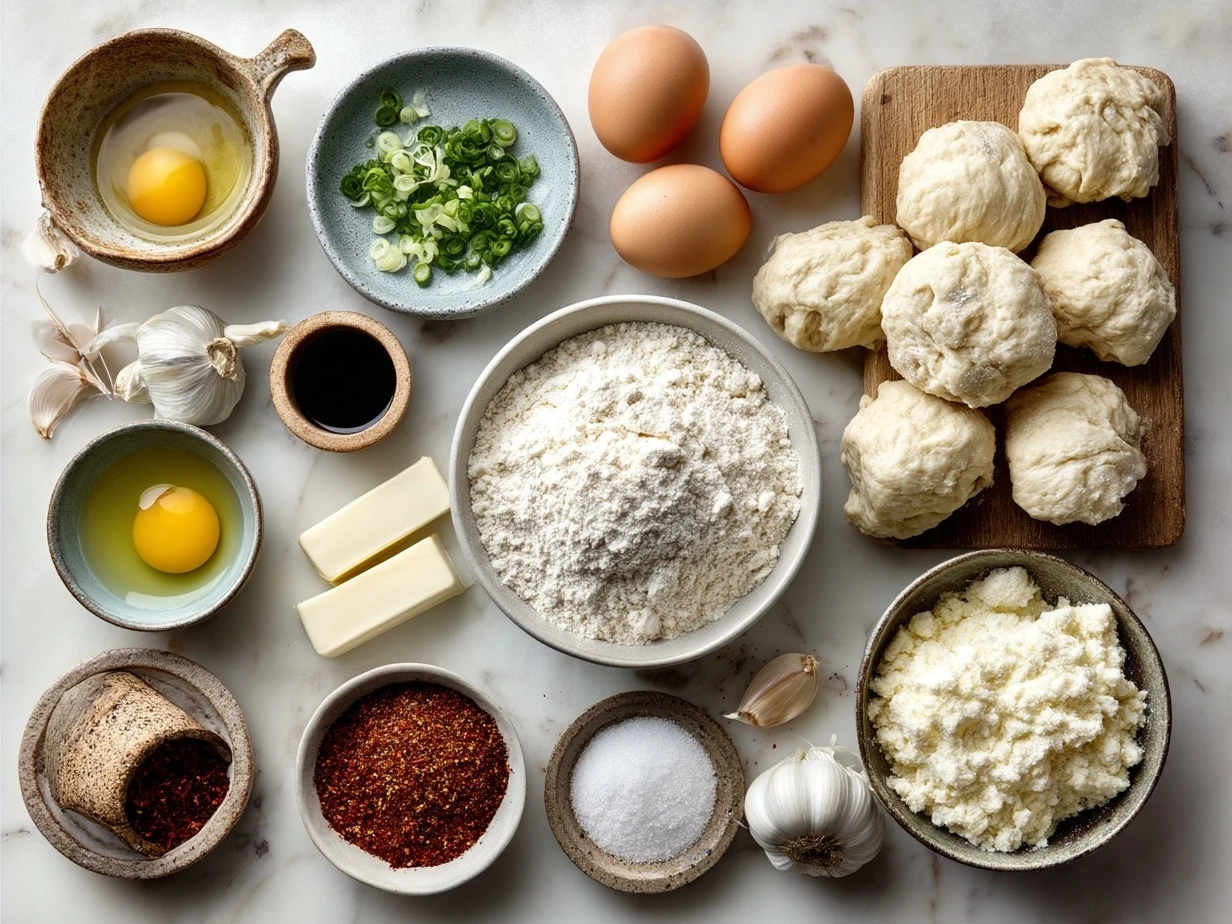 Ingredients for homemade garlic knots recipe including bread flour, active dry yeast, olive oil, garlic, and fresh parsley