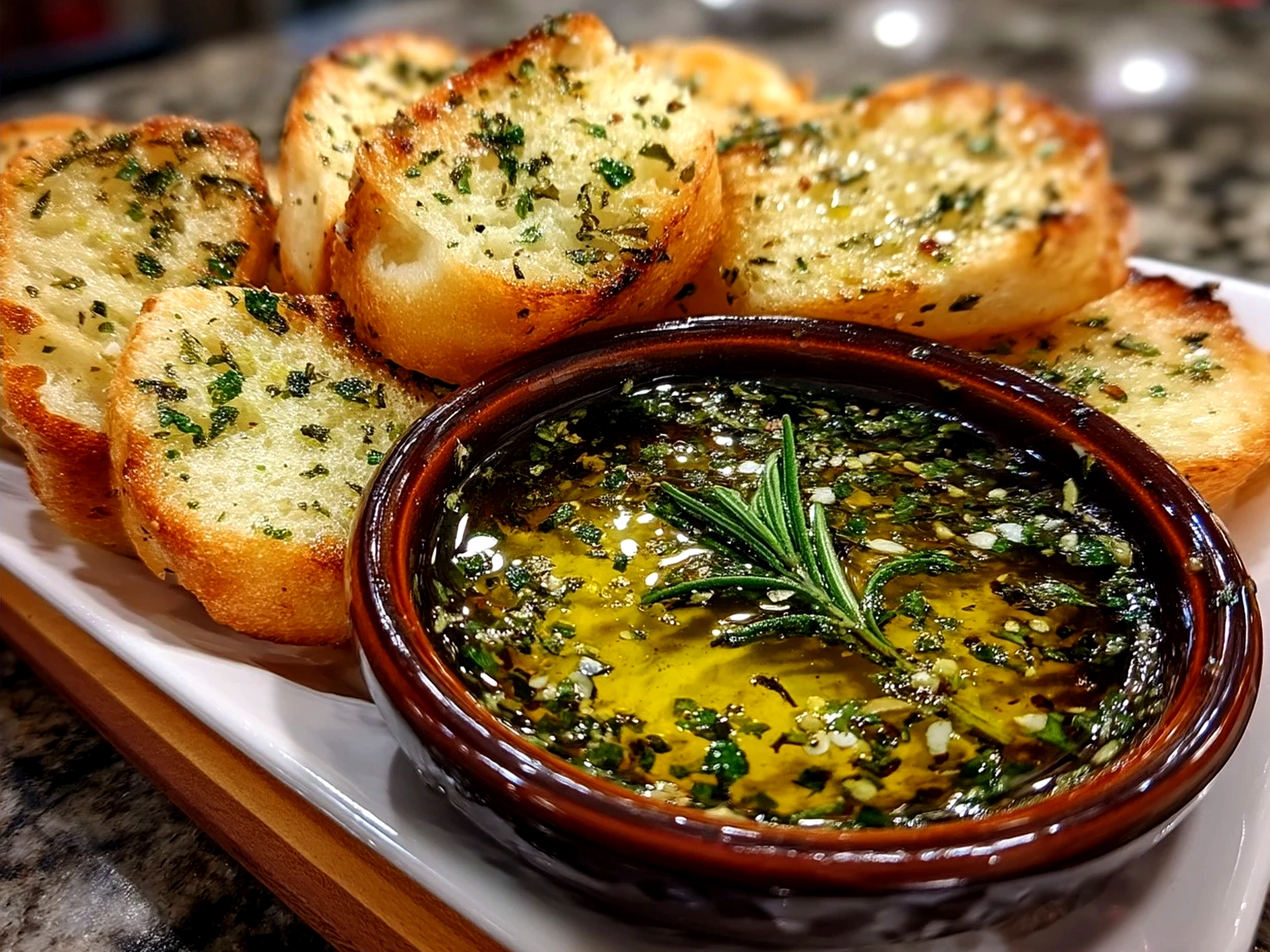 Serving Garlic Olive Oil Dip with bread, garnished with parsley