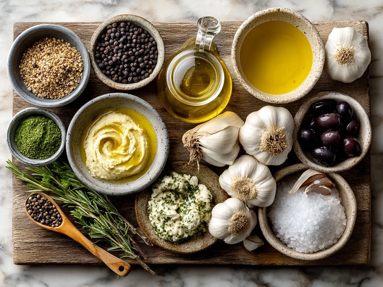 Ingredients for Garlic Olive Oil Dip: extra virgin olive oil, minced garlic, dried oregano, red pepper flakes, parsley, and black pepper