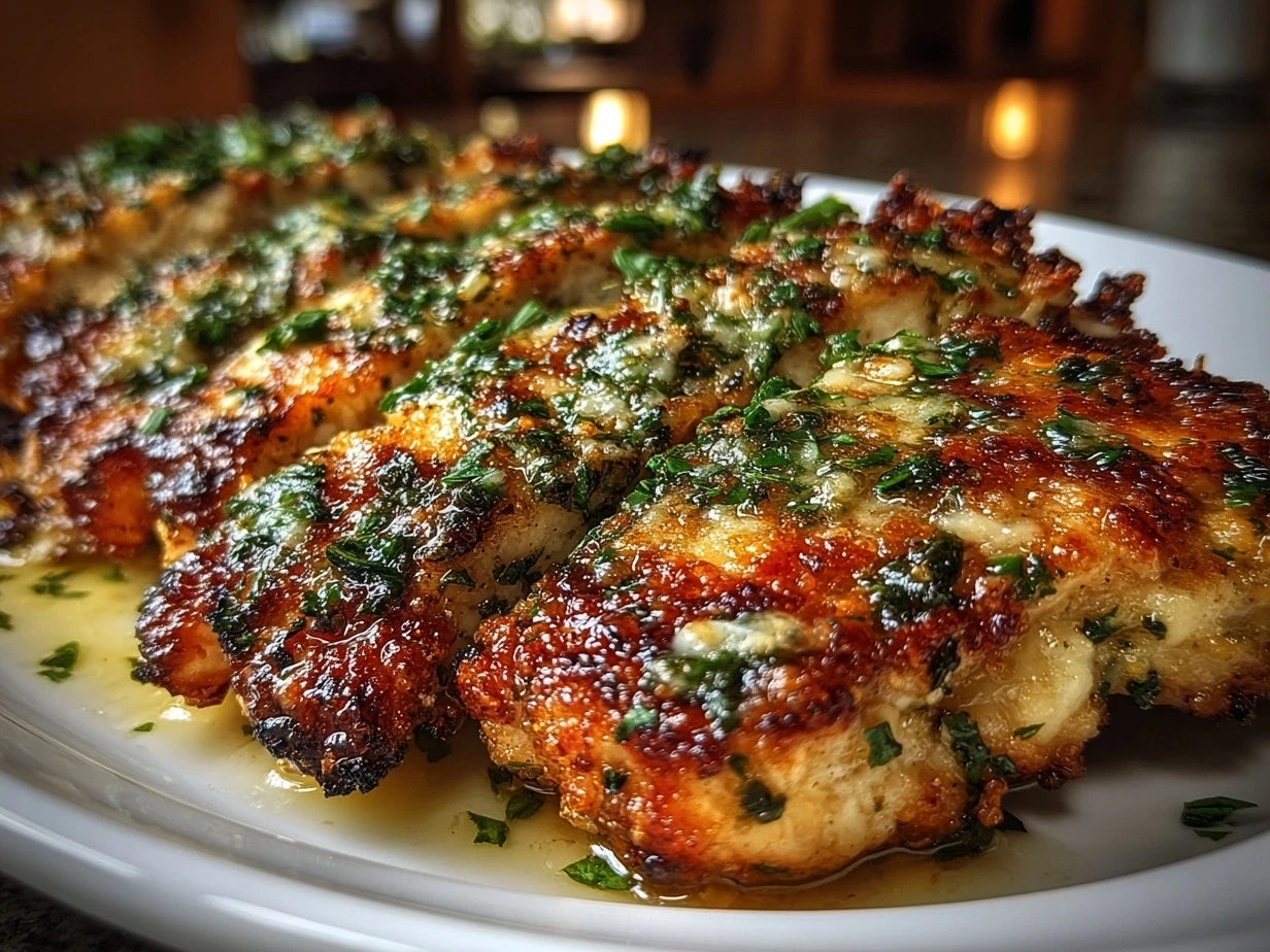 Finished plated Garlic Parmesan Chicken served with creamy sauce and garnished with parsley