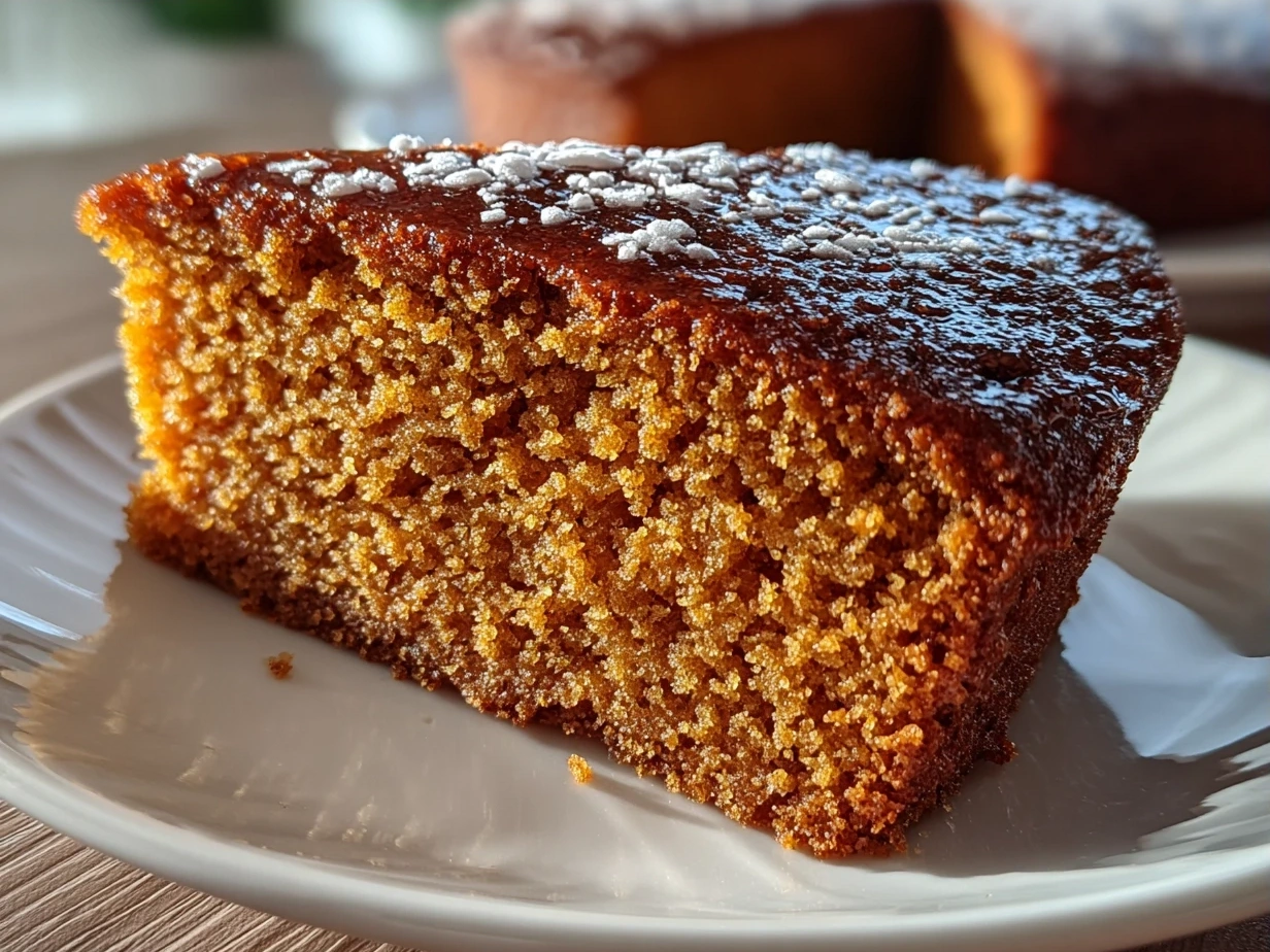 Finished gingerbread cake cooling on a wire rack, dusted with powdered sugar.
