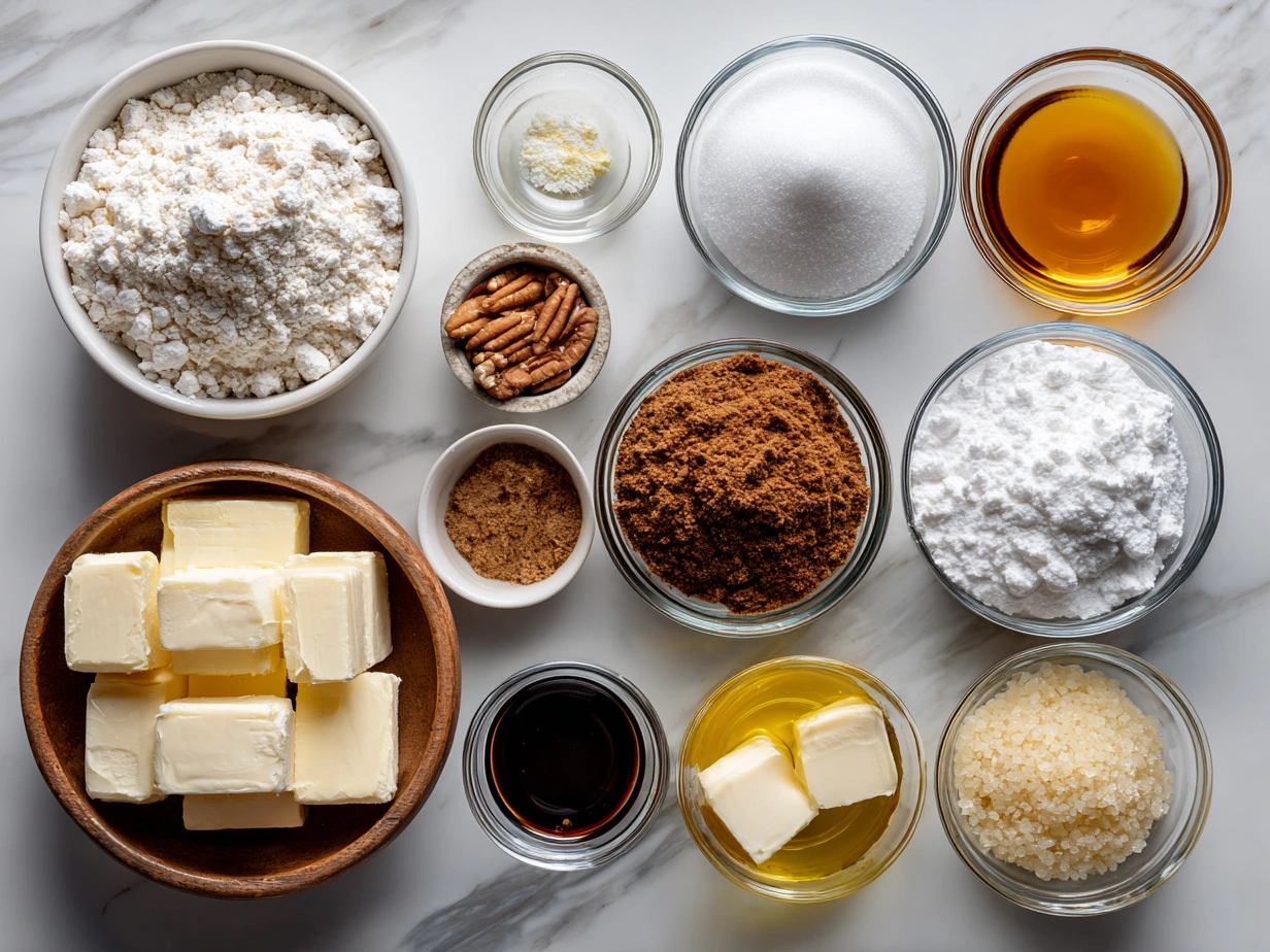 Ingredients for gingerbread cake: flour, spices, sugars, molasses, butter, eggs, water, and oil.