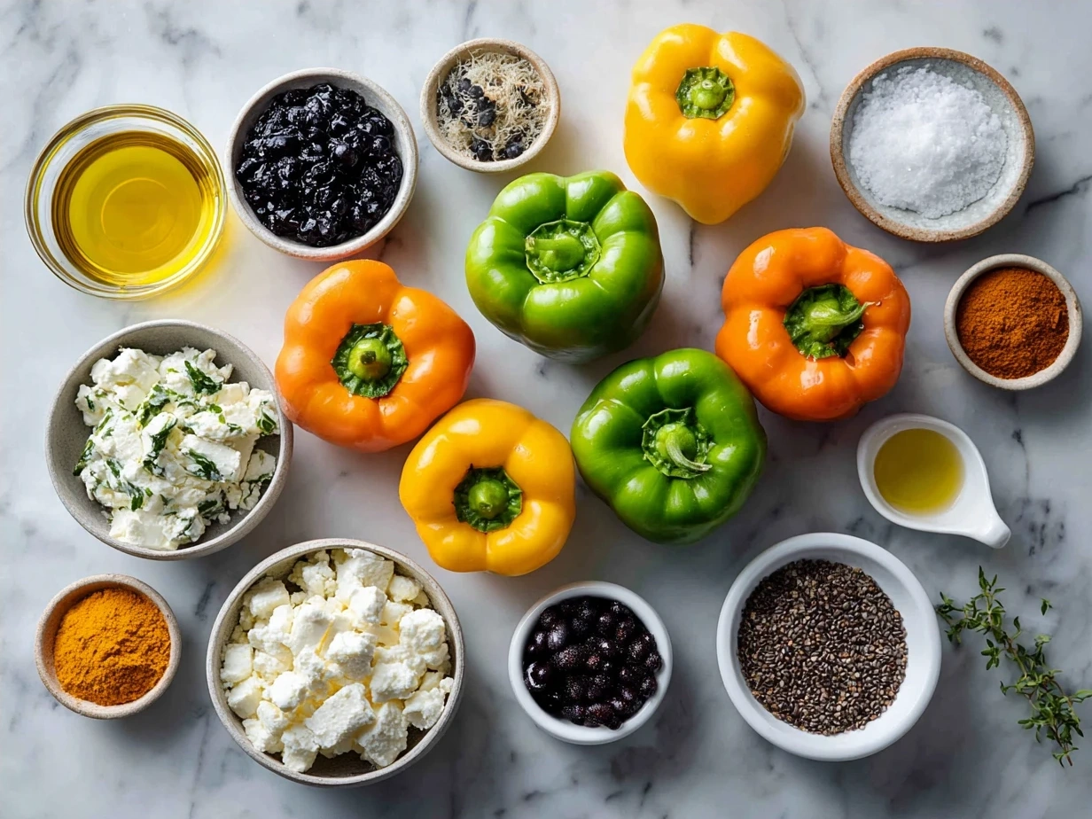 Ingredients for Goat Cheese Stuffed Mini Peppers including mini sweet peppers, goat cheese, olive oil, herbs, and garlic.