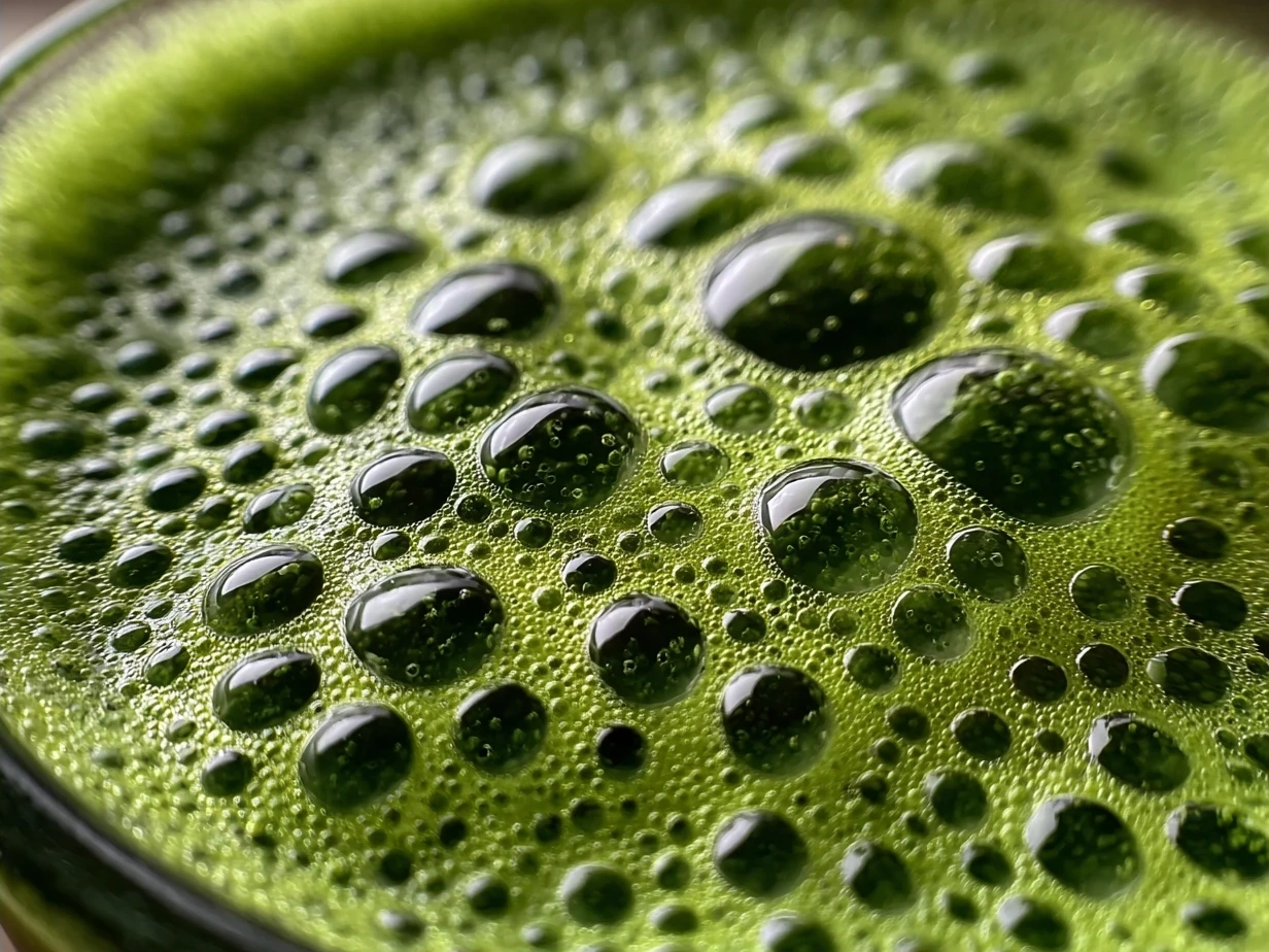 Glass tumbler of fresh green juice garnished with mint and lemon, ready to serve