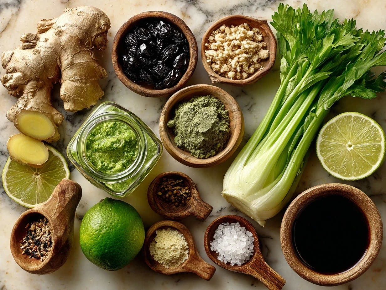 Fresh ingredients for green juice including spinach, cucumber, celery, apple, lemon, ginger, and water