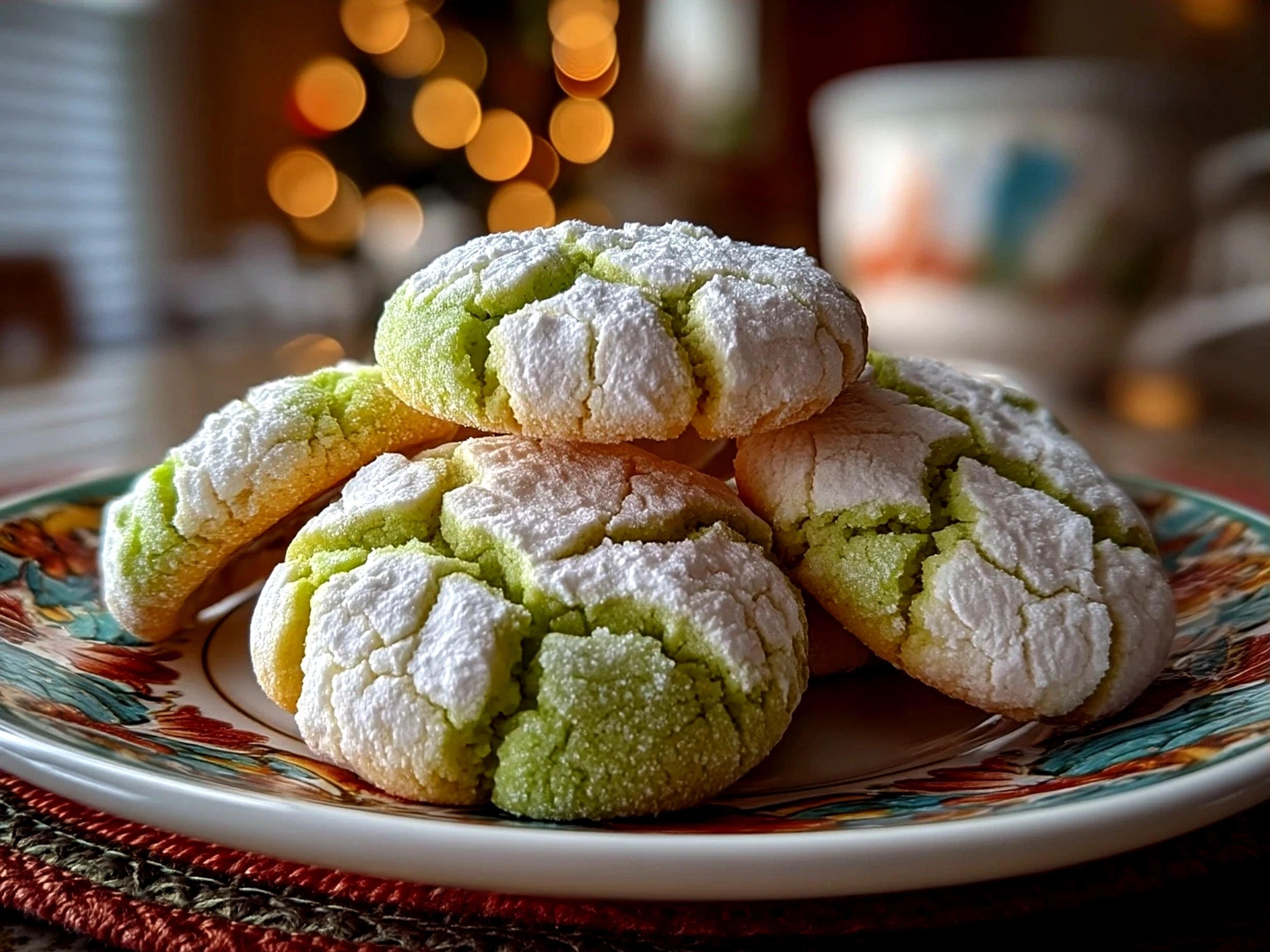Freshly baked Grinch Crinkle Cookies served on a white platter with festive decorations