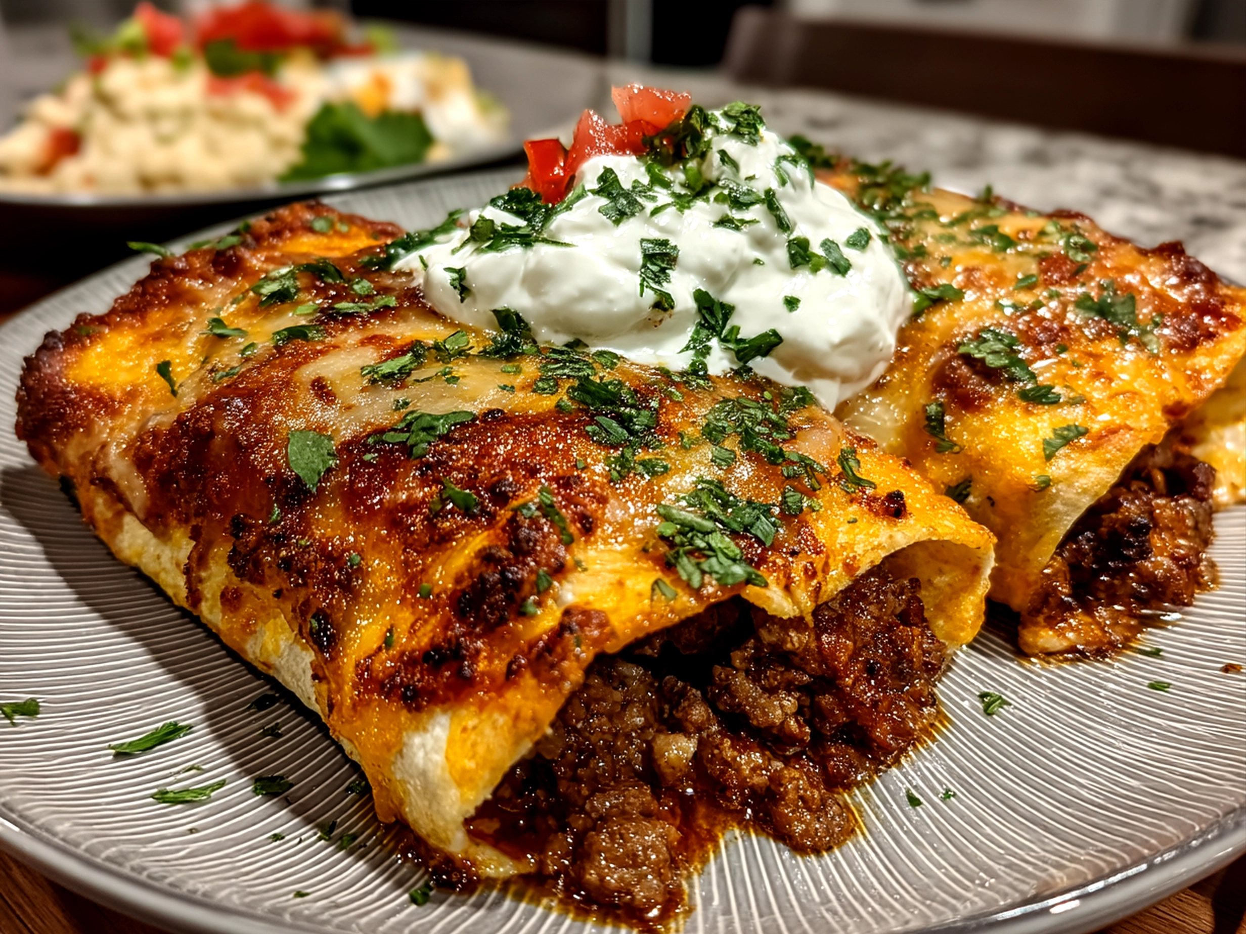 Served Ground Beef Enchiladas with garnishes and sides on a plate