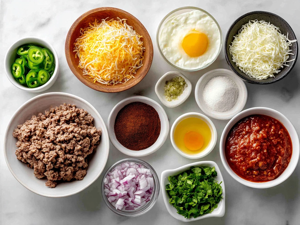 Ingredients for Ground Beef Enchiladas including ground beef, onions, garlic, tortillas, shredded cheese, and spices