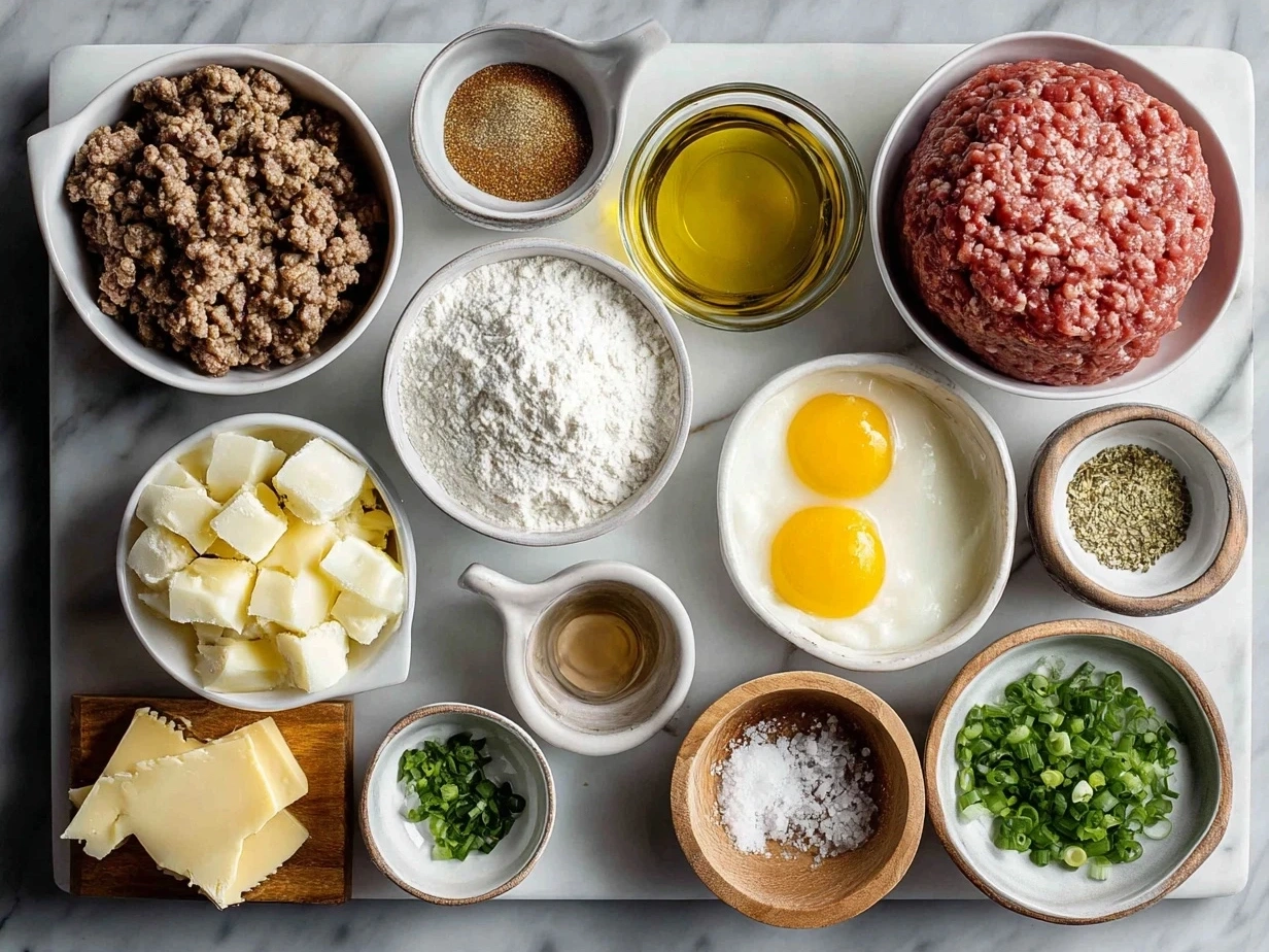 Ingredients for Ground Beef Noodle Casserole laid out on a countertop