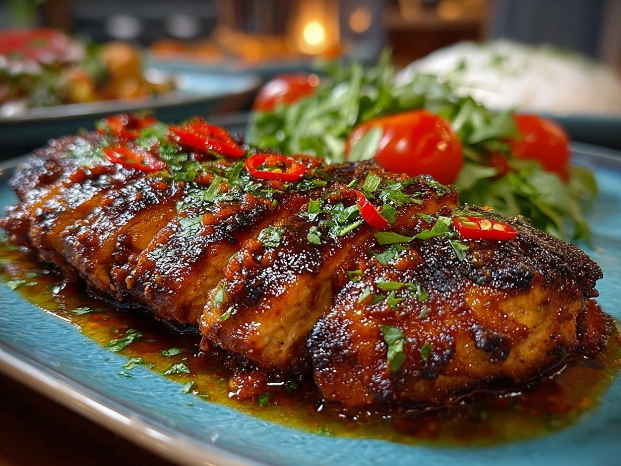 A beautifully plated serving of Harissa Chicken with garnishes and sides
