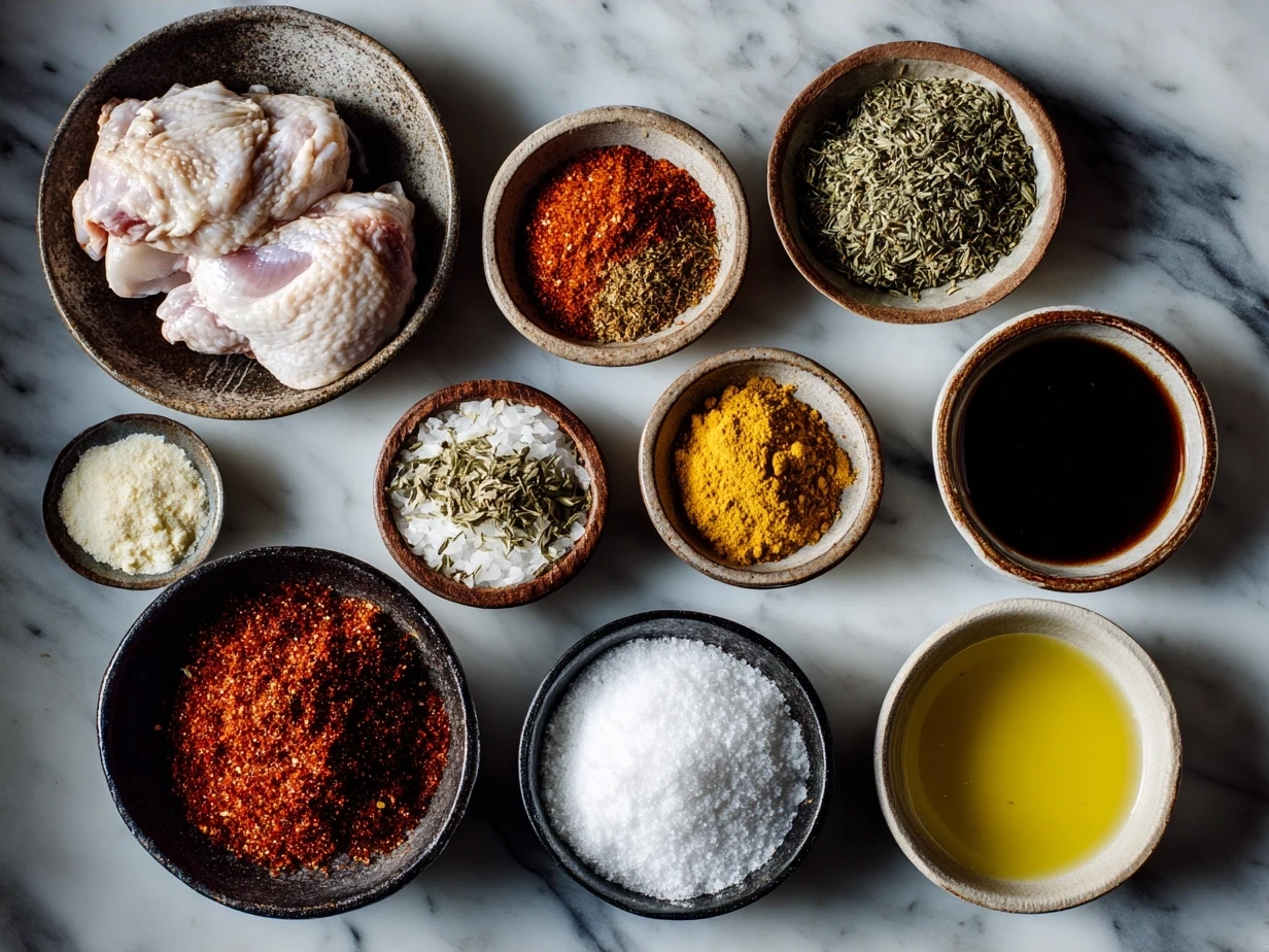 Ingredients for Harissa Chicken laid out on a wooden table including chicken thighs, harissa paste, garlic, lemon, and spices