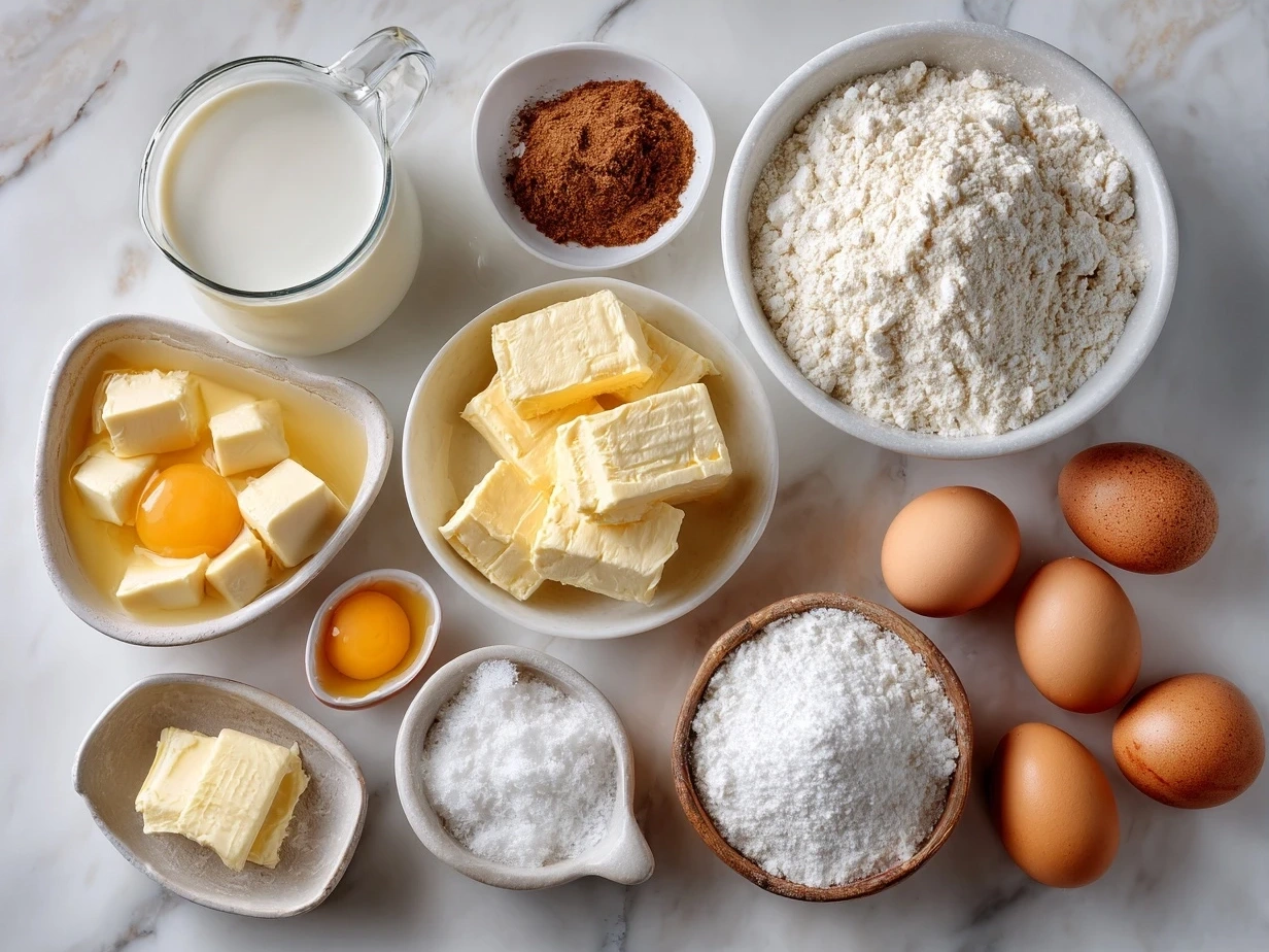 Ingredients for Hashbrown Breakfast Casserole including frozen hashbrowns, eggs, cheese, ham, onion, and milk