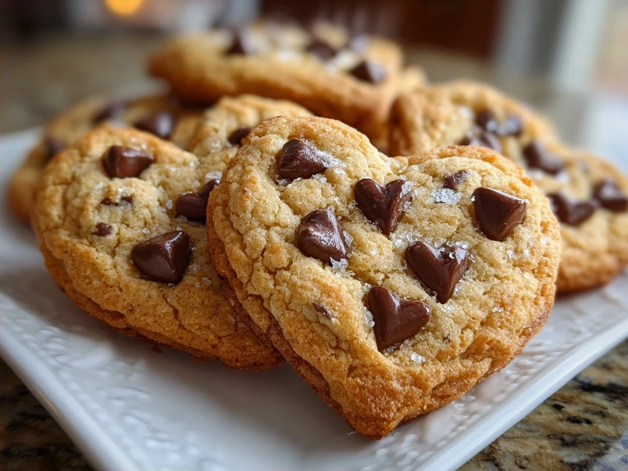 Close-up of freshly baked Heart-Shaped Chocolate Chip Cookies stacked on a plate