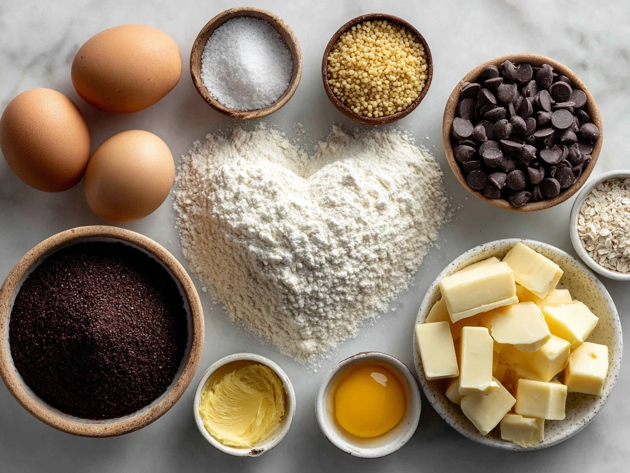 Ingredients for Heart-Shaped Chocolate Chip Cookies laid out on kitchen counter