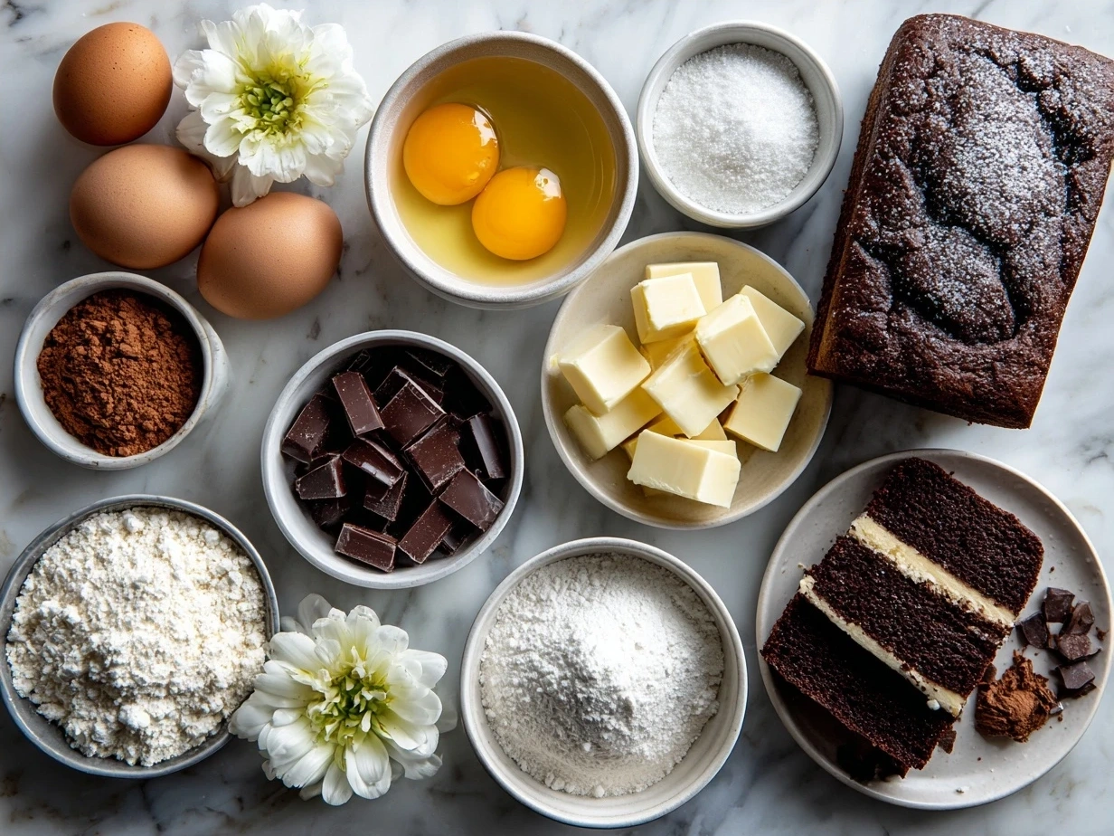 Ingredients laid out for Hidden Heart Chocolate Loaf Cake including flour, cocoa powder, eggs, and red velvet cake mix