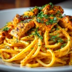 Home Cook, taken with iPhone 14. Close-up slight angle of comforting Butter Chicken Linguine on white plate. Warm appetizing --ar 4:3 --style raw --s 240