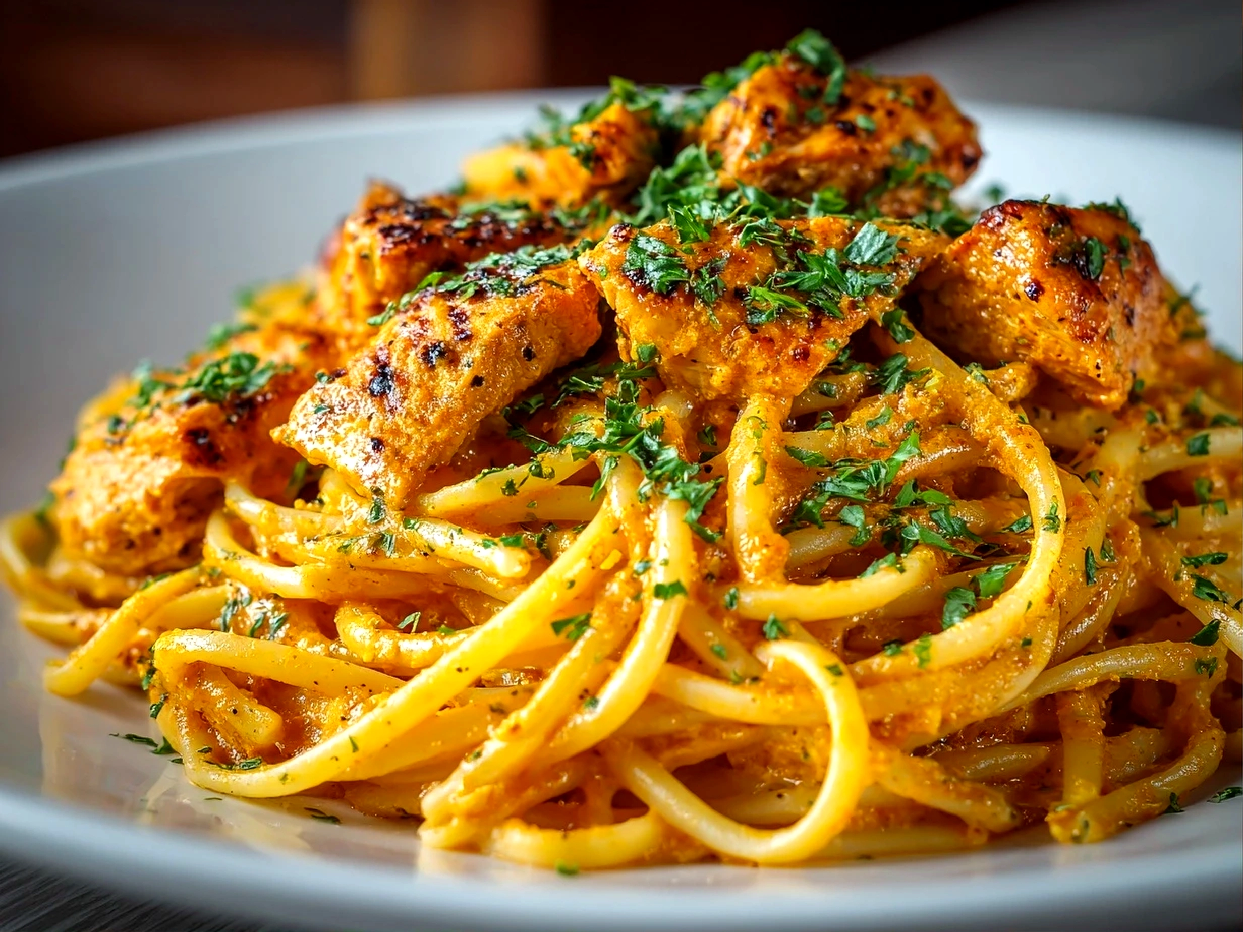 Home Cook, taken with iPhone 14. Close-up slight angle of comforting Butter Chicken Linguine on white plate. Warm appetizing --ar 4:3 --style raw --s 240