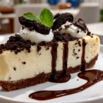 Home cook, taken with iPhone 14. Close-up slight angle of freshly prepared Oreo Cheesecake on white plate. Mouthwatering --ar 4:3 --style raw --s 240