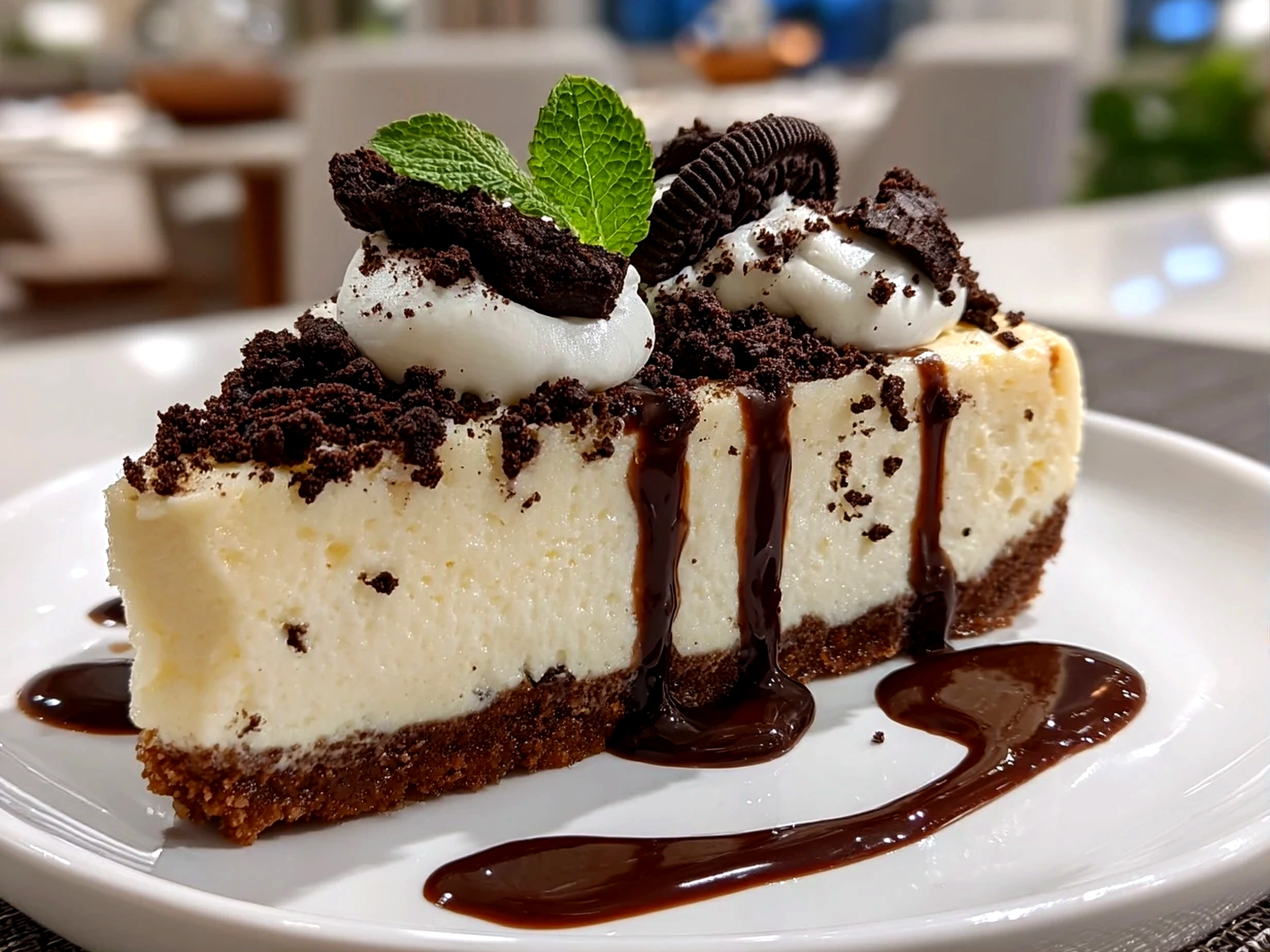 Home cook, taken with iPhone 14. Close-up slight angle of freshly prepared Oreo Cheesecake on white plate. Mouthwatering --ar 4:3 --style raw --s 240