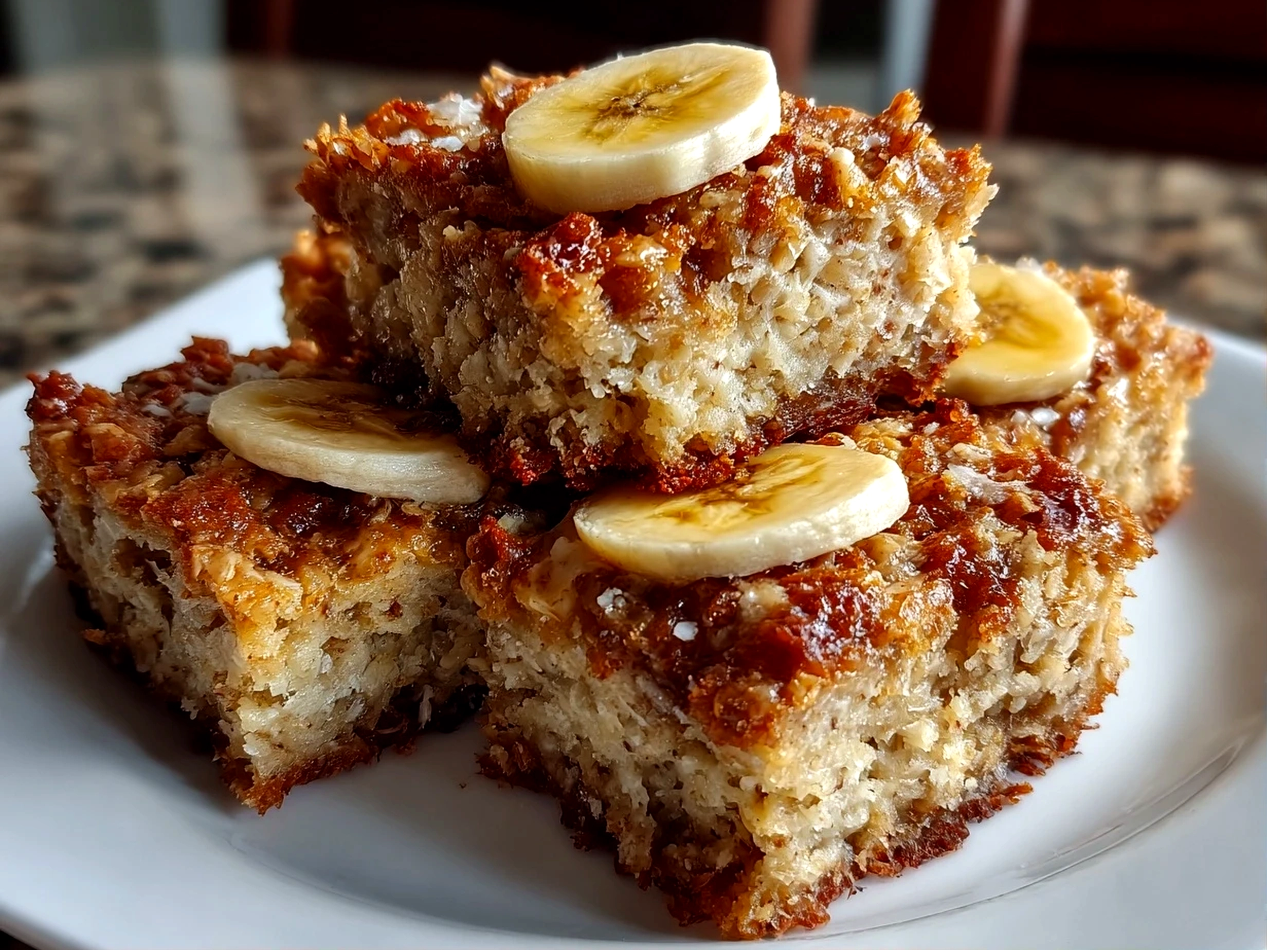 homemade Banana Oatmeal Bars close-up on white plate