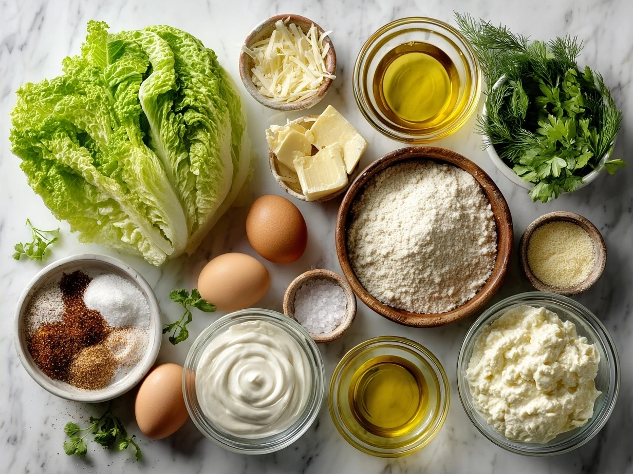 Ingredients for Homemade Caesar Salad Dressing Recipe: mayonnaise, Dijon mustard, lemon juice, garlic, Worcestershire sauce, Parmesan cheese, anchovy fillets, black pepper, olive oil, and water.
