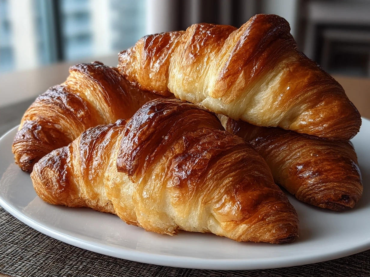 Homemade Chocolate Croissants, golden brown and flaky, served on a wooden board.