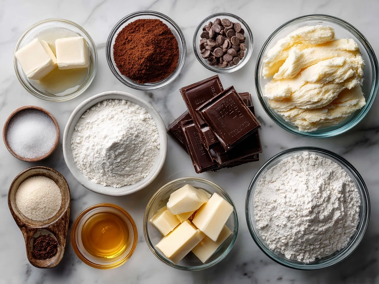 Ingredients for Homemade Chocolate Croissants: flour, sugar, salt, yeast, milk, butter, chocolate.