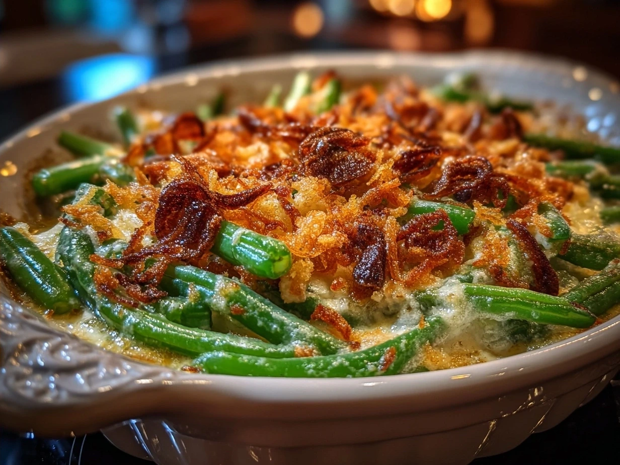 Finished homemade green bean casserole fresh out of the oven, golden and bubbling