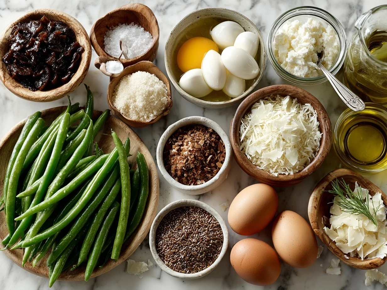 Ingredients for homemade green bean casserole: fresh green beans, mushrooms, butter, cream, onions, and crispy onions