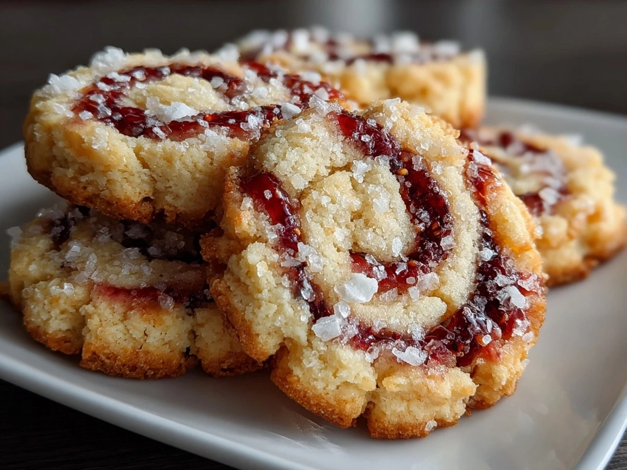 Finished homemade raspberry swirl shortbread cookies on a plate ready to enjoy
