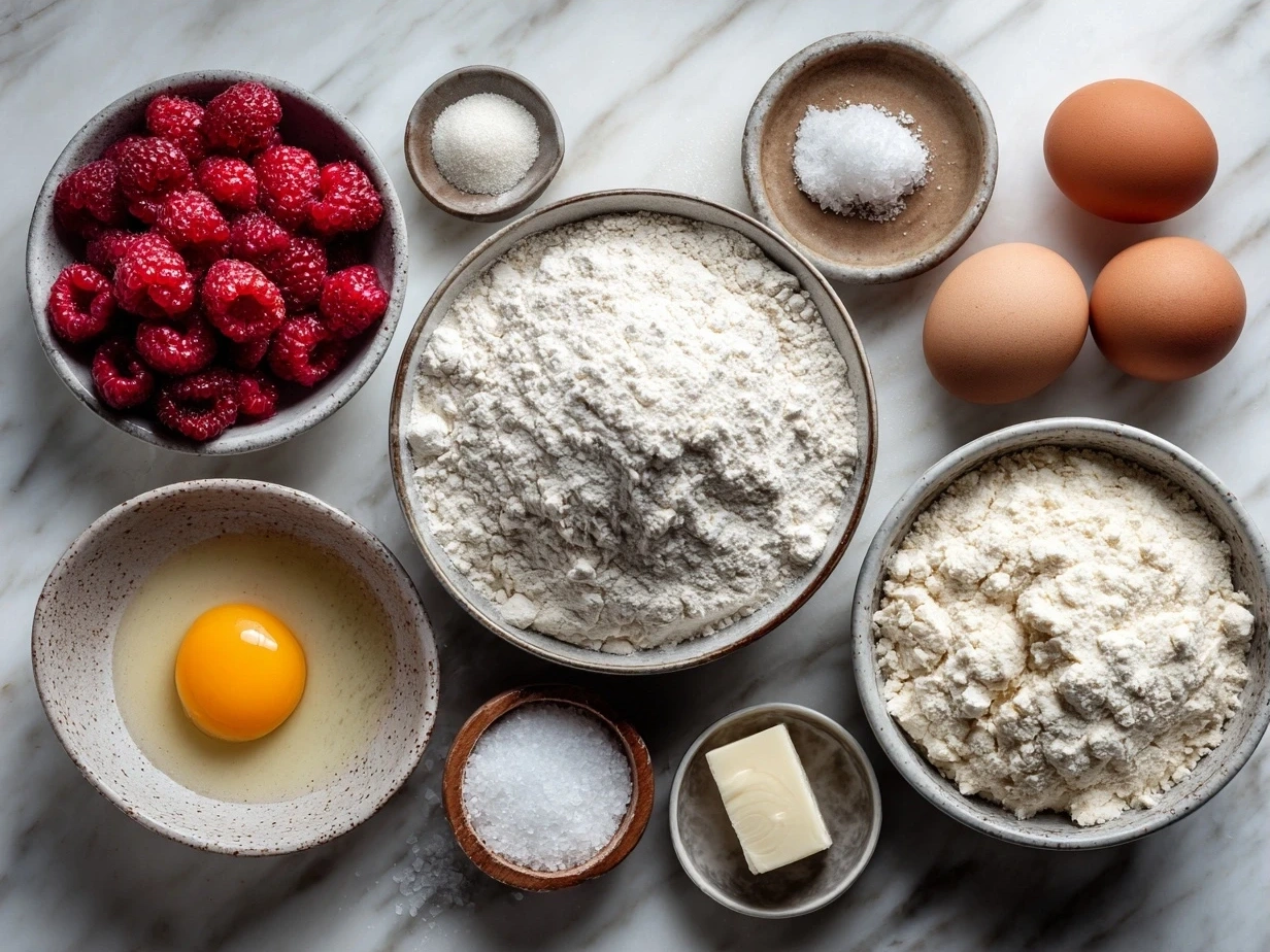 Ingredients for homemade raspberry swirl shortbread cookies including butter, powdered sugar, flour, and raspberry preserves