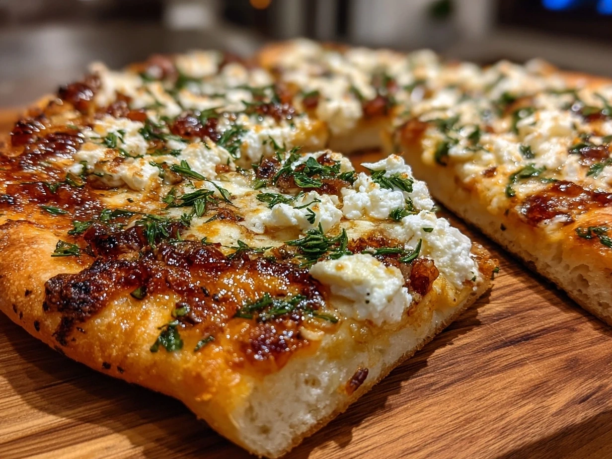 Final baked Honey Ricotta Pizza drizzled with honey and garnished