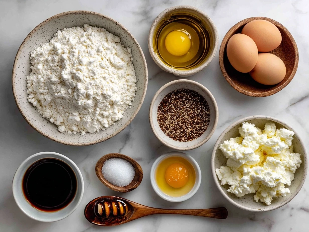 Ingredients for Honey Ricotta Pizza including pizza dough, ricotta cheese, honey, mozzarella, olive oil and fresh thyme