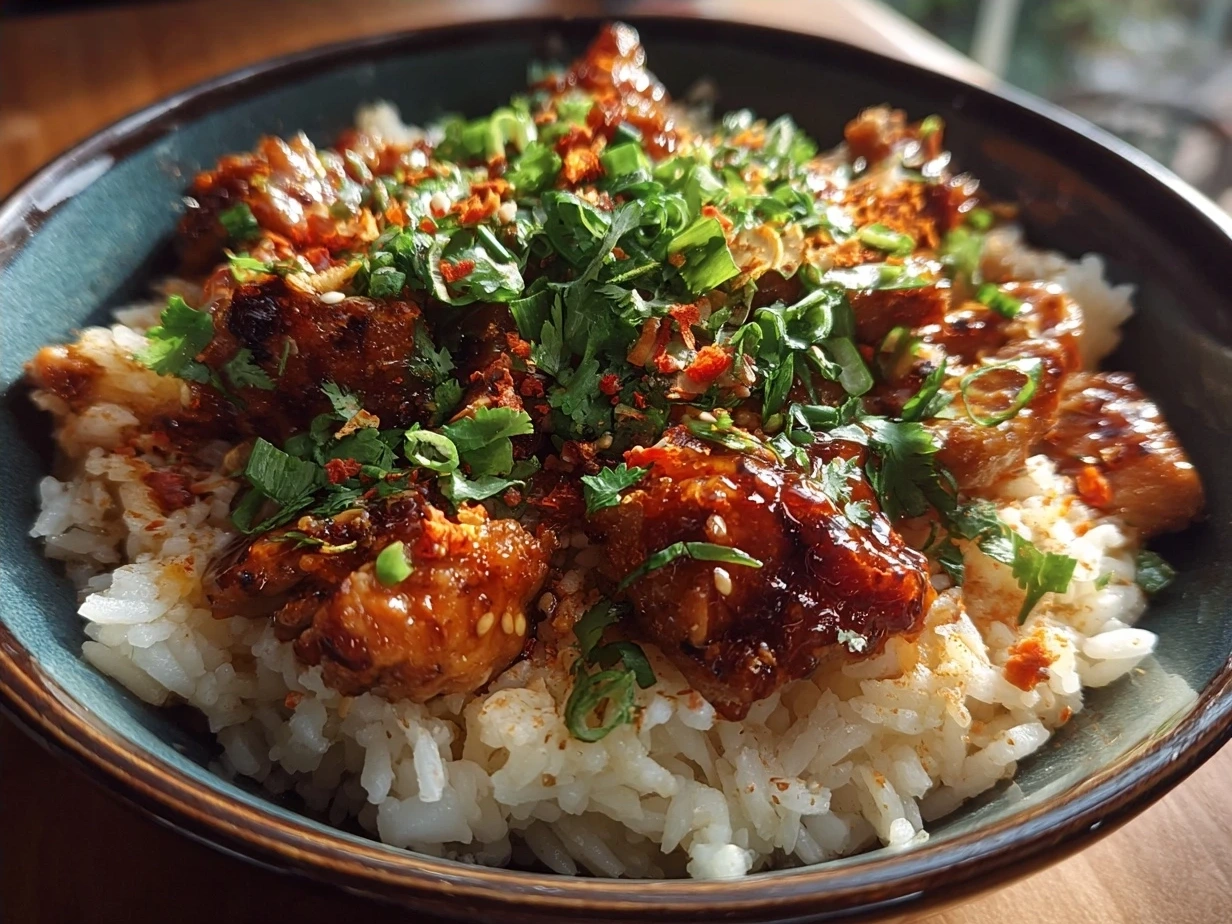 Final plated Honey Sriracha Chicken Rice Bowls with green onions, sesame seeds, and vibrant colors