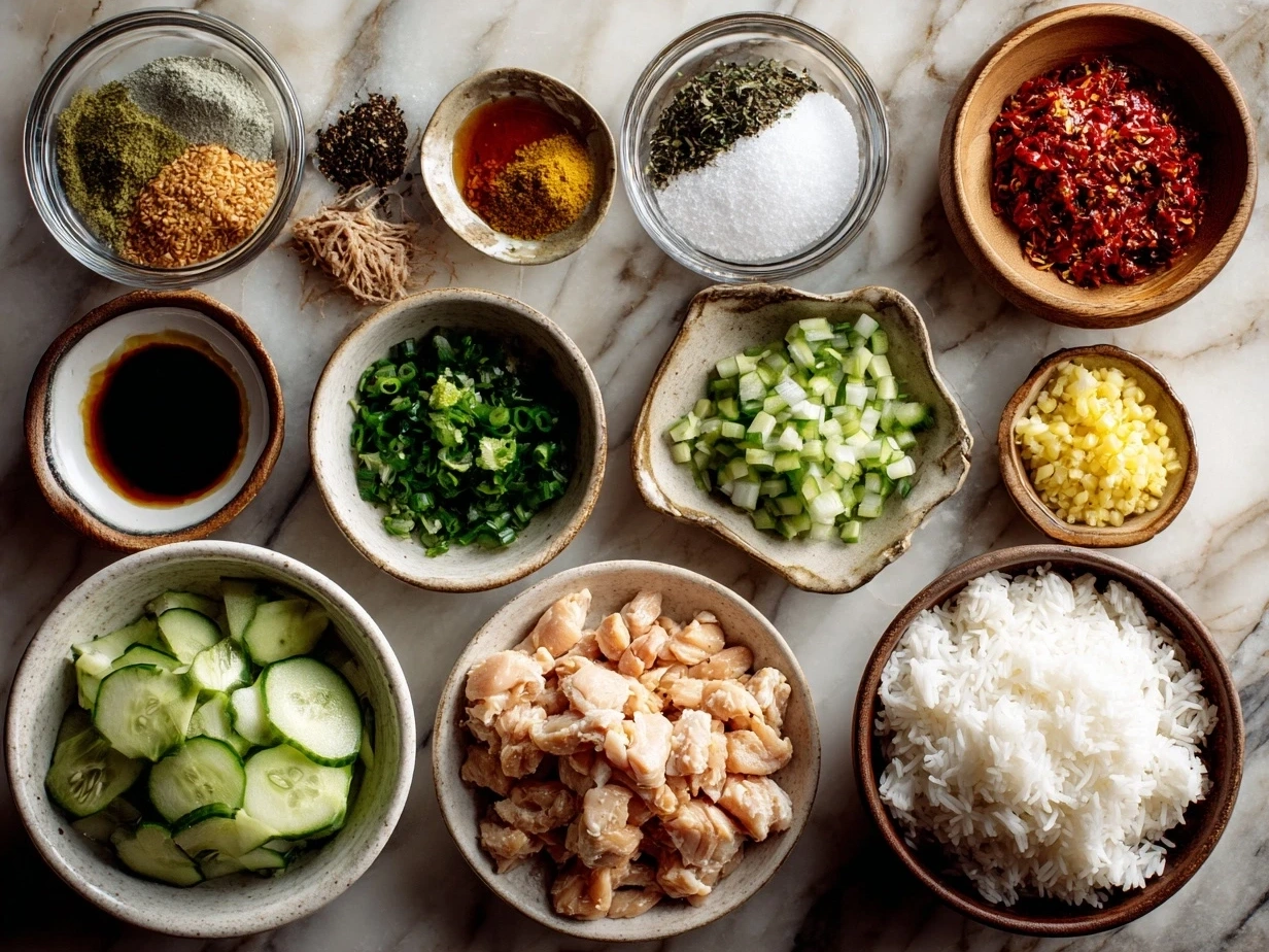 Ingredients for Honey Sriracha Chicken Rice Bowls including chicken, sriracha, honey, soy sauce, garlic, ginger, sesame oil, and jasmine rice