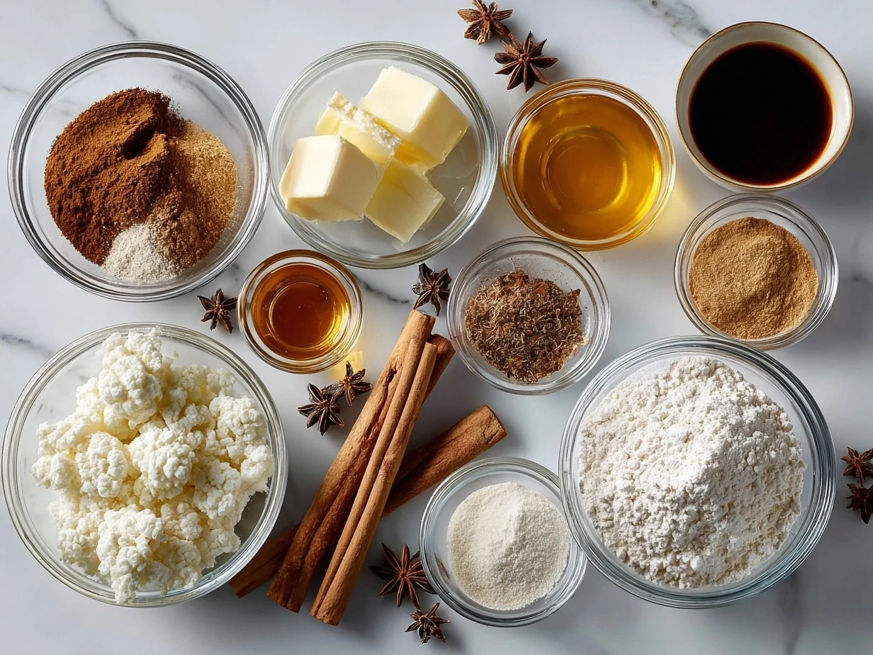 Ingredients for Hot Buttered Rum: butter, brown sugar, spices, rum, and garnishes