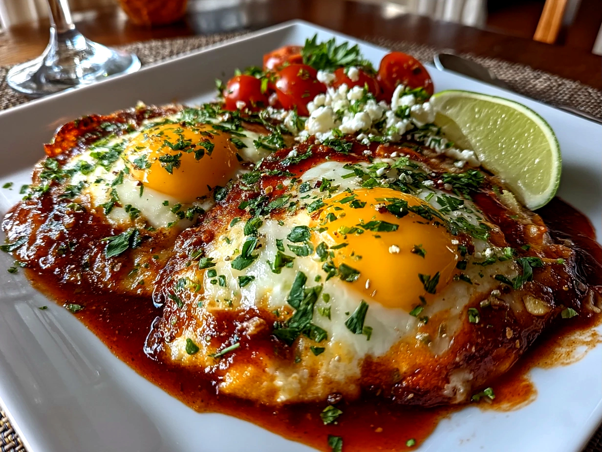 Beautifully plated Huevos Rancheros garnished with avocado slices and fresh cilantro