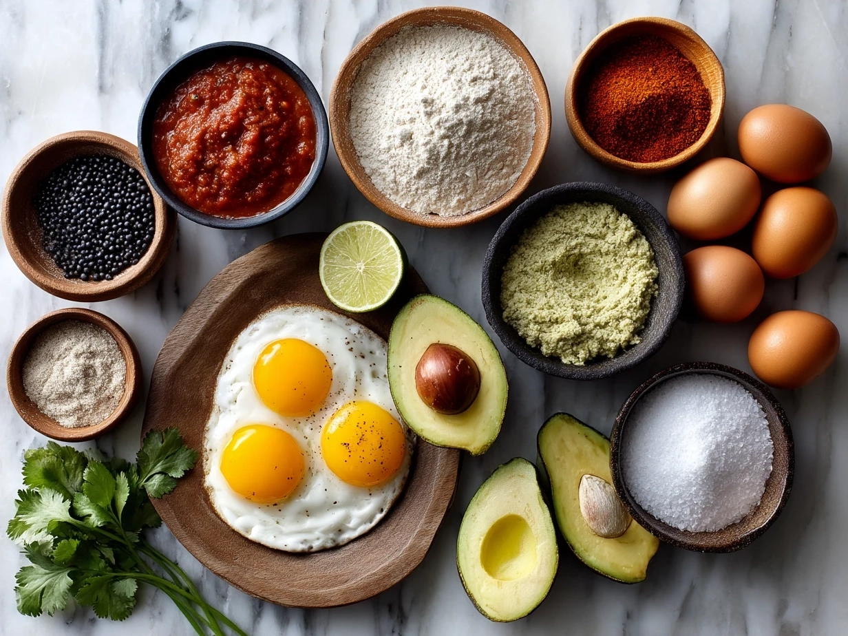 Ingredients for Huevos Rancheros including eggs, corn tortillas, refried beans, salsa fresca, cheese, olive oil, and fresh cilantro