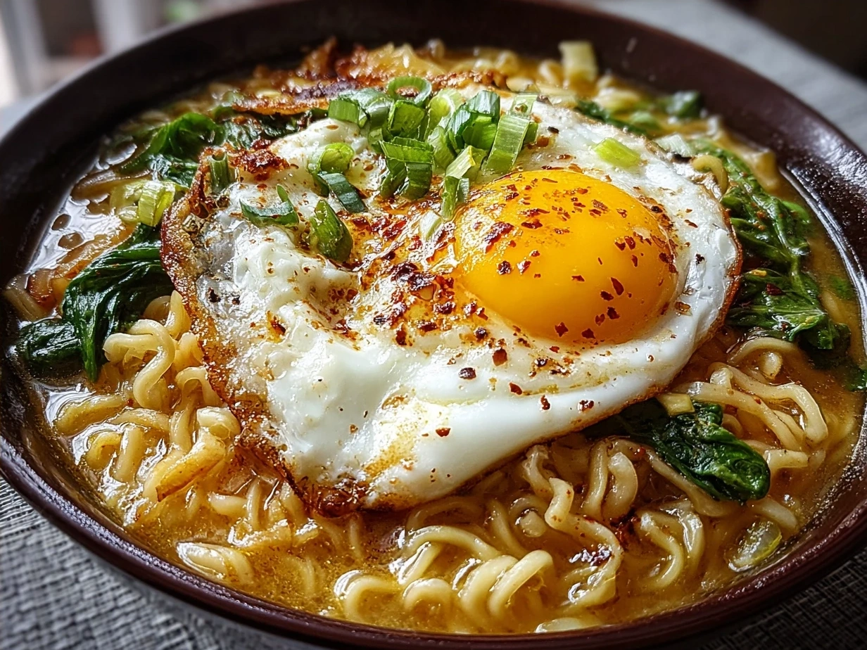 Delicious plate of Instant Noodles with Egg Butter Garlic garnished with fresh parsley