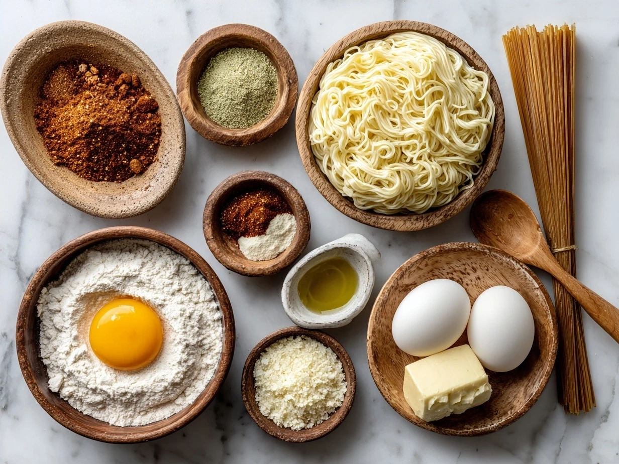 Ingredients for Instant Noodles with Egg Butter Garlic neatly arranged on a wooden board