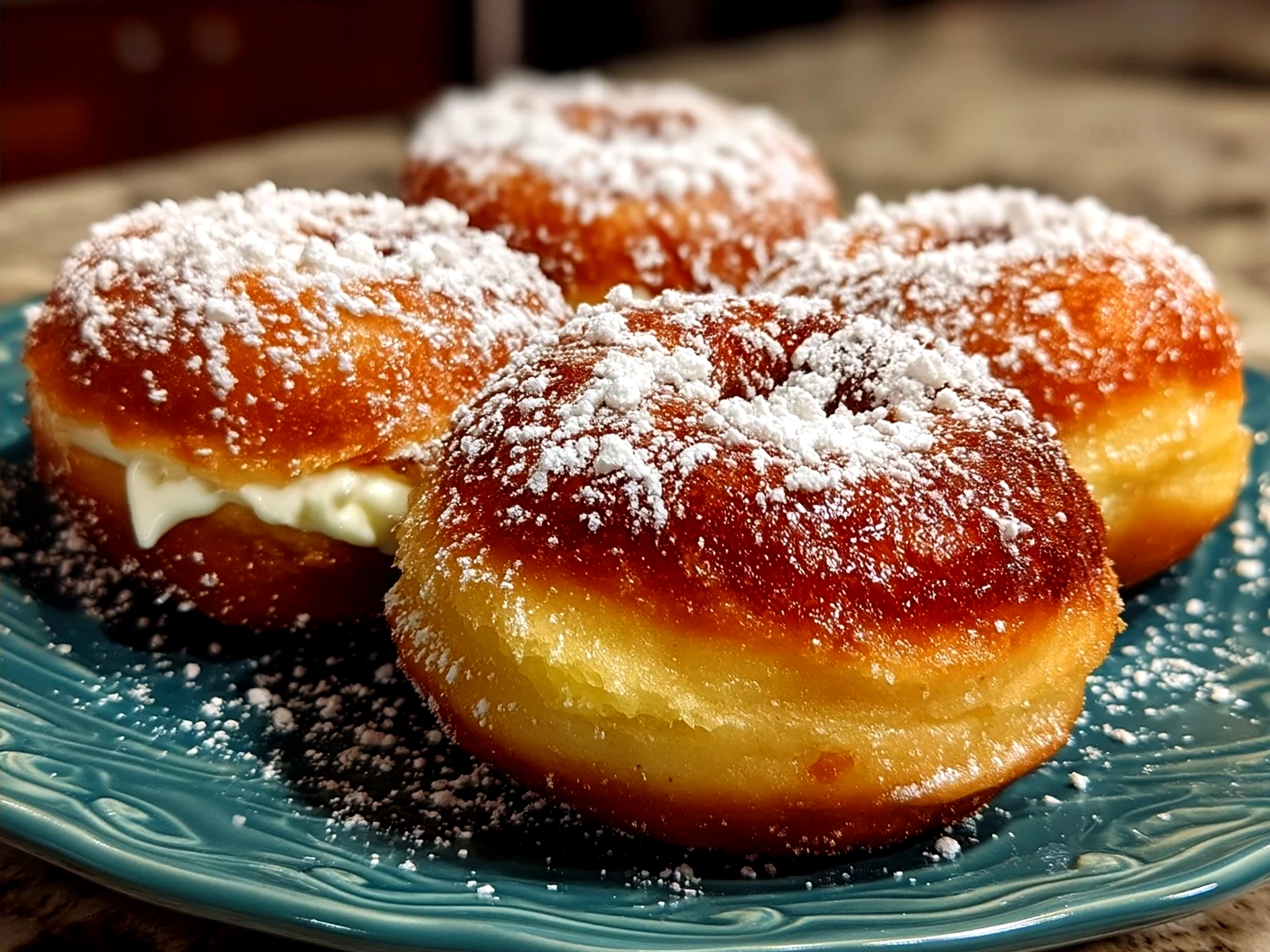 Serving Italian Bomboloni Cream Donuts dusted with powdered sugar on a rustic platter
