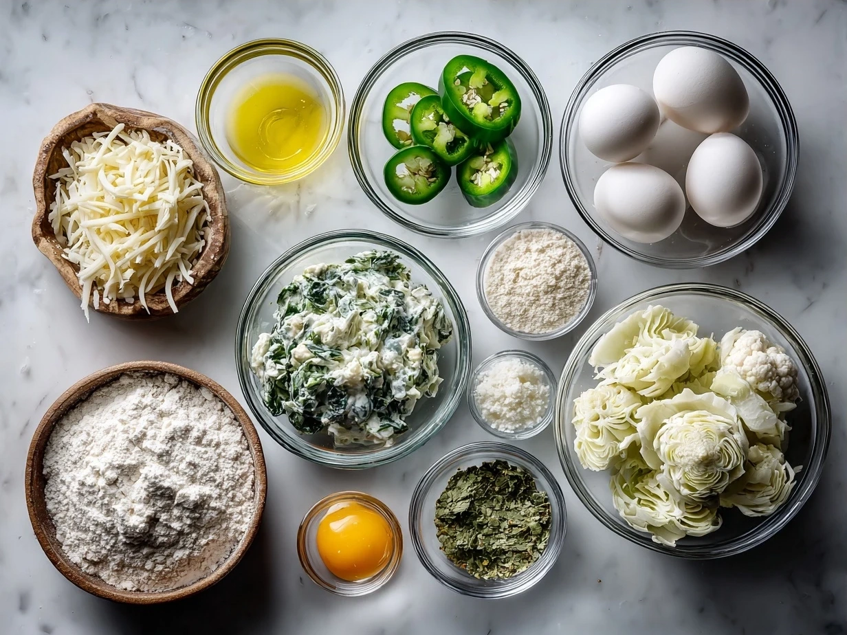 Ingredients for jalapeño spinach artichoke dip: cream cheese, mozzarella, Parmesan, artichokes, spinach, jalapeños, garlic