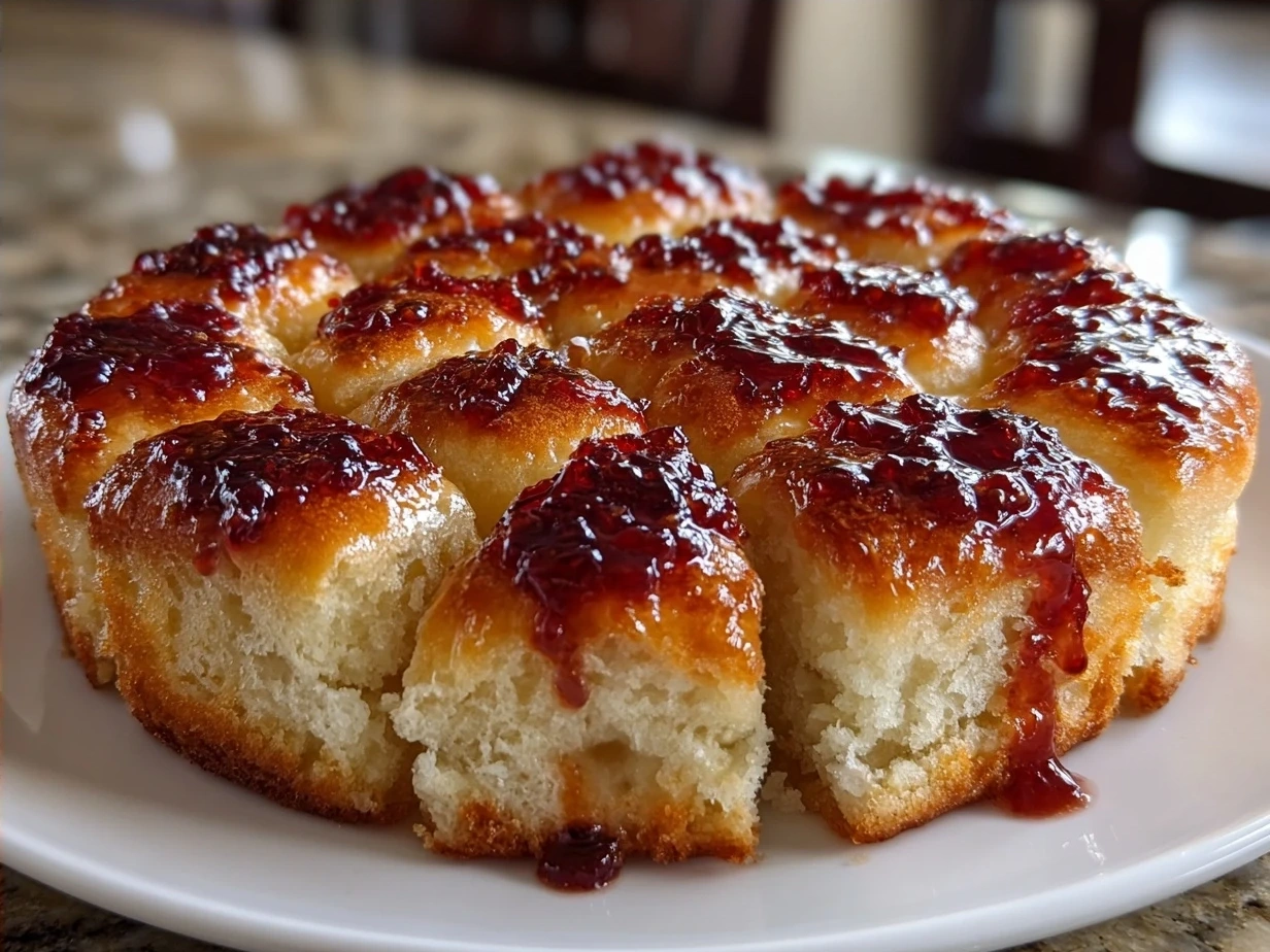 Freshly baked jam donut focaccia on a rustic wooden board, dusted with powdered sugar