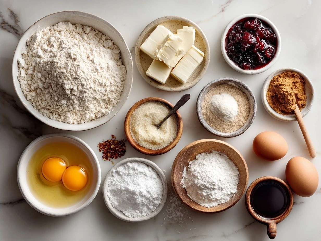 Ingredients laid out for making jam donut focaccia: flour, yeast, sugar, eggs, jam, and olive oil