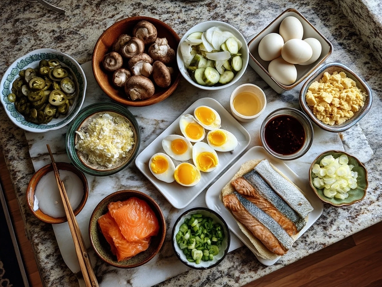Ingredients needed for Japanese Egg Sandwich including eggs, Japanese mayonnaise, soy sauce, mirin, shokupan bread, and butter