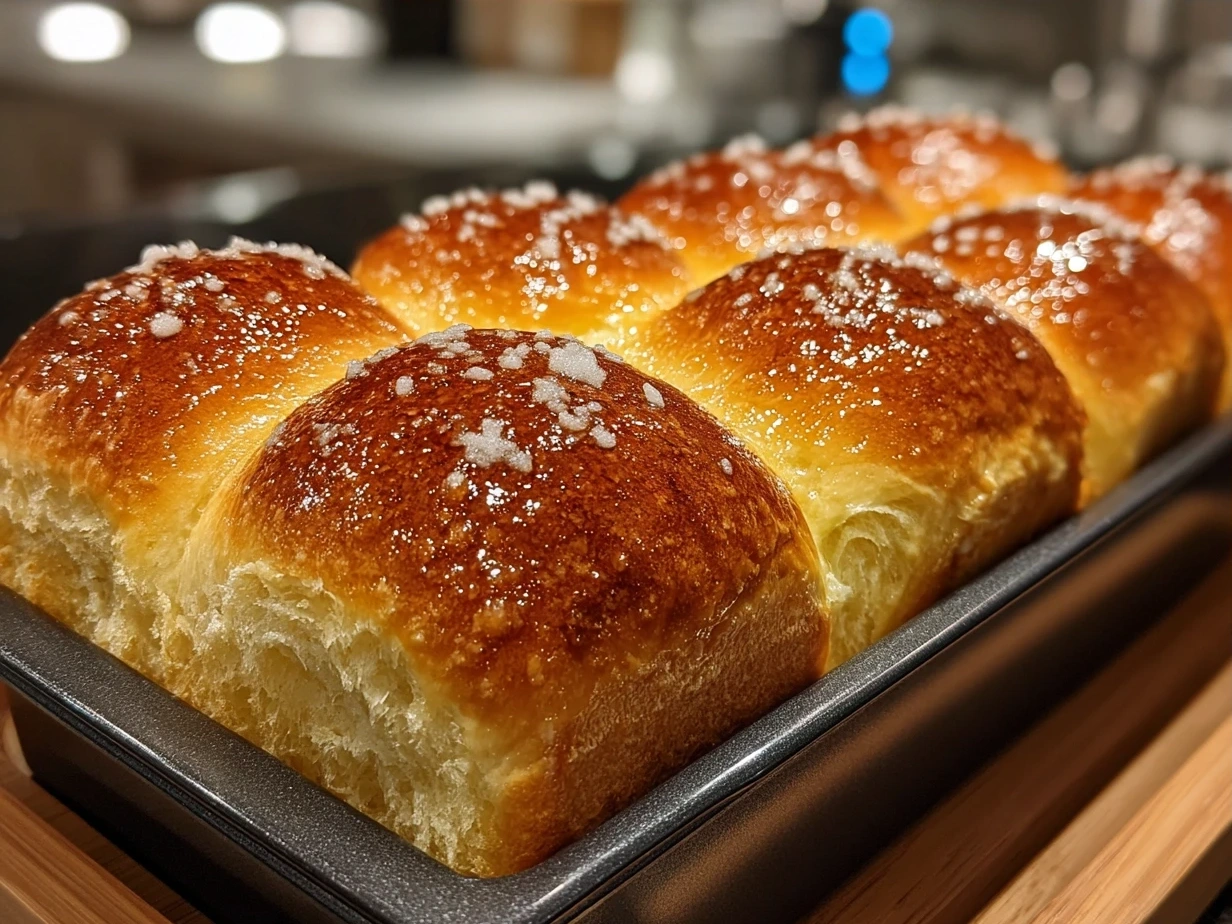 Freshly baked golden Japanese Milk Bread Rolls cooling on a rack ready to be enjoyed