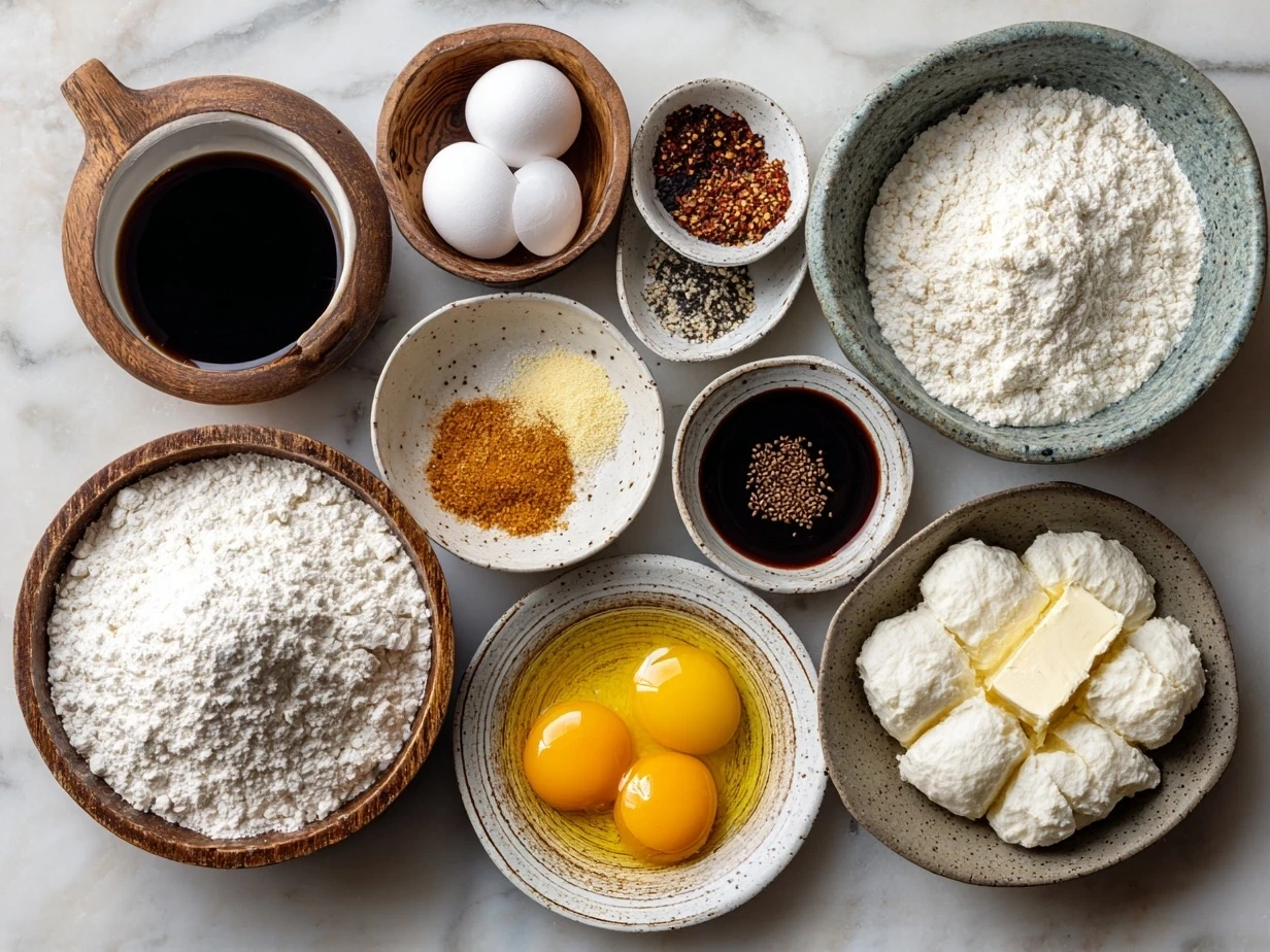 Ingredients for Japanese Milk Bread Rolls including bread flour, milk, butter, eggs, sugar, and yeast